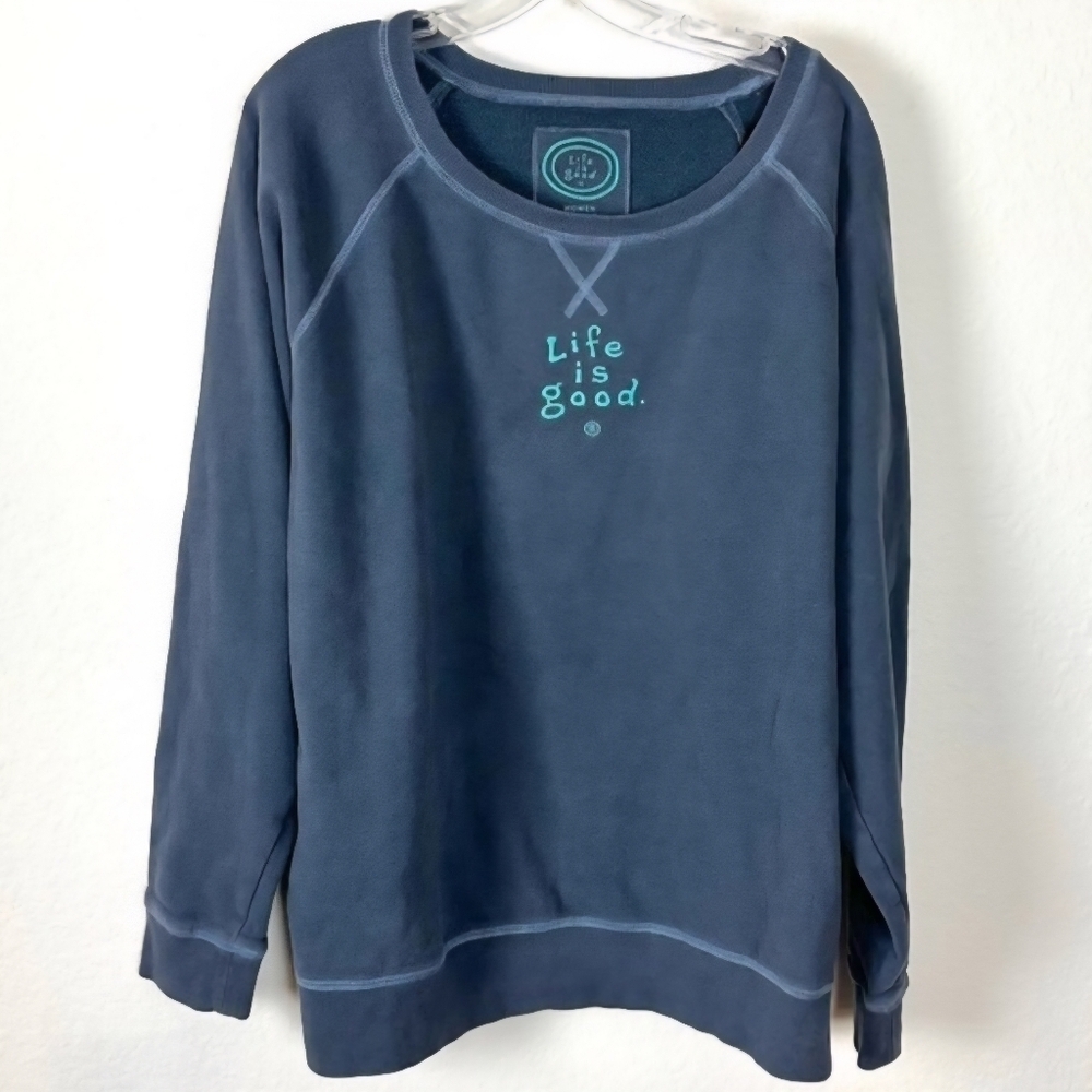 Life is Good Embroidered Washed Grey Blue Crewneck Sweatshirt Women's Small EUC